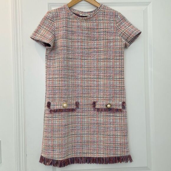 Zara White Multicolor Pastel Tweed Fringe Frayed Hem Pearl Button Shift Dress S - Picture 6 of 7